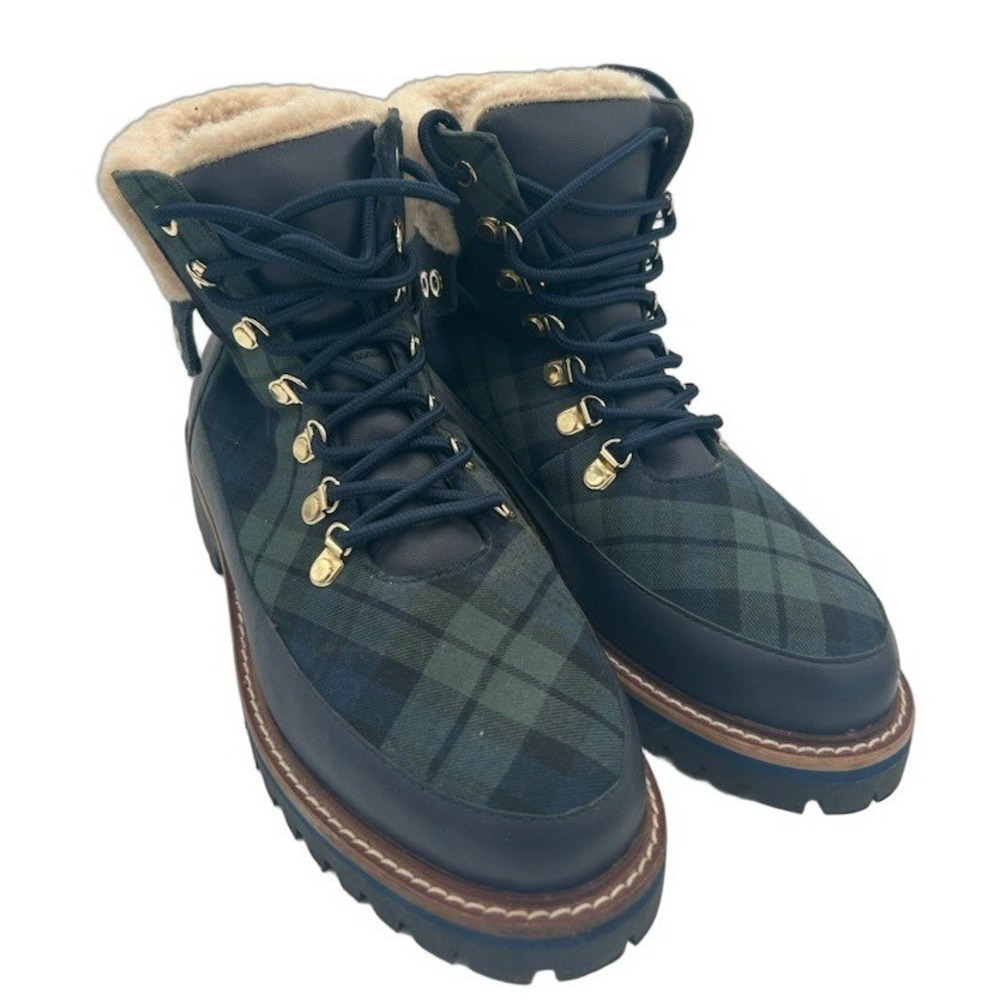 Talbots Plaid Leather Hiking Boots Women's Size 8.5 M Navy Green  Shearling